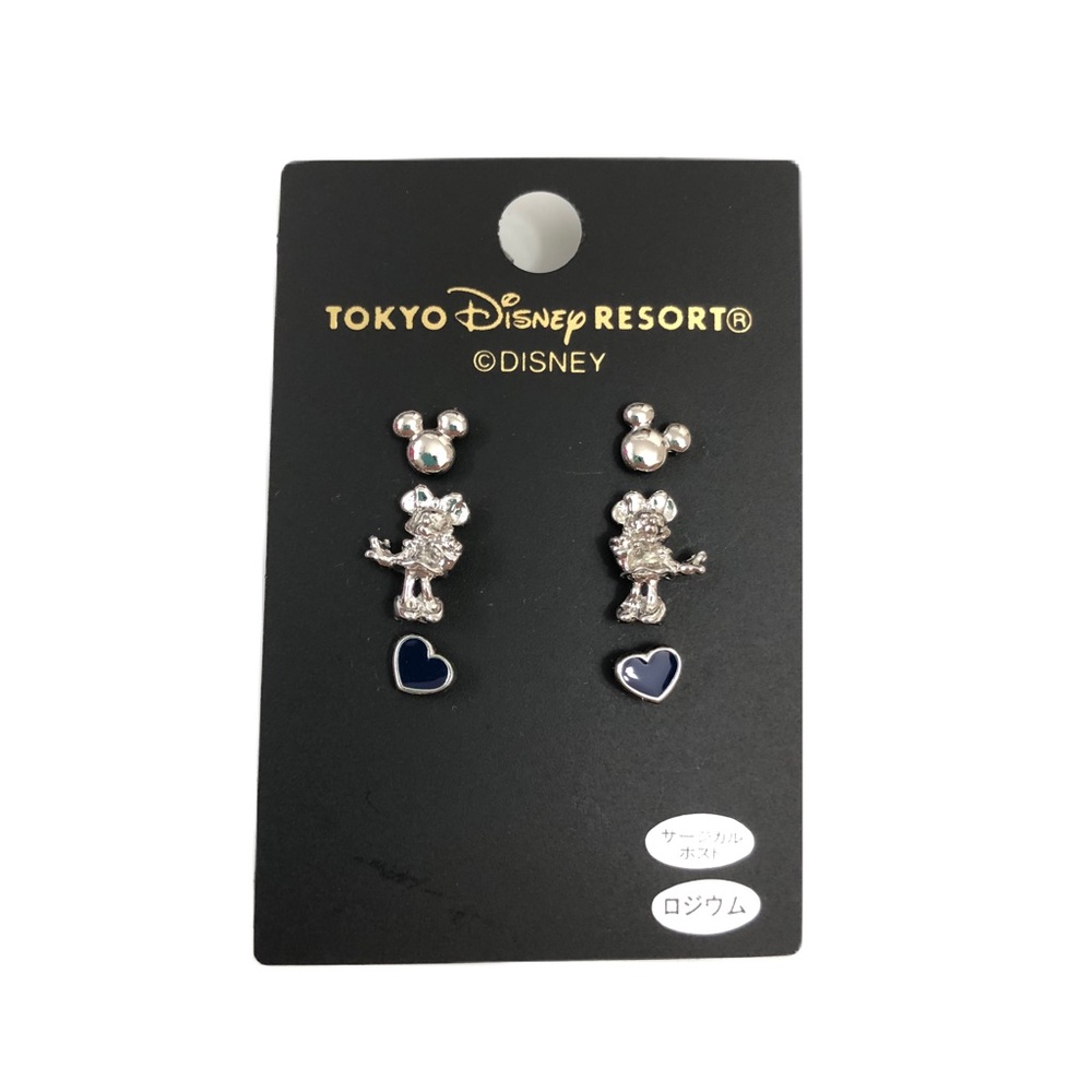 Tokyo Disney Resort Earrings 3 Pair Stud Set Mickey Mouse Minnie Mouse Heart NWT